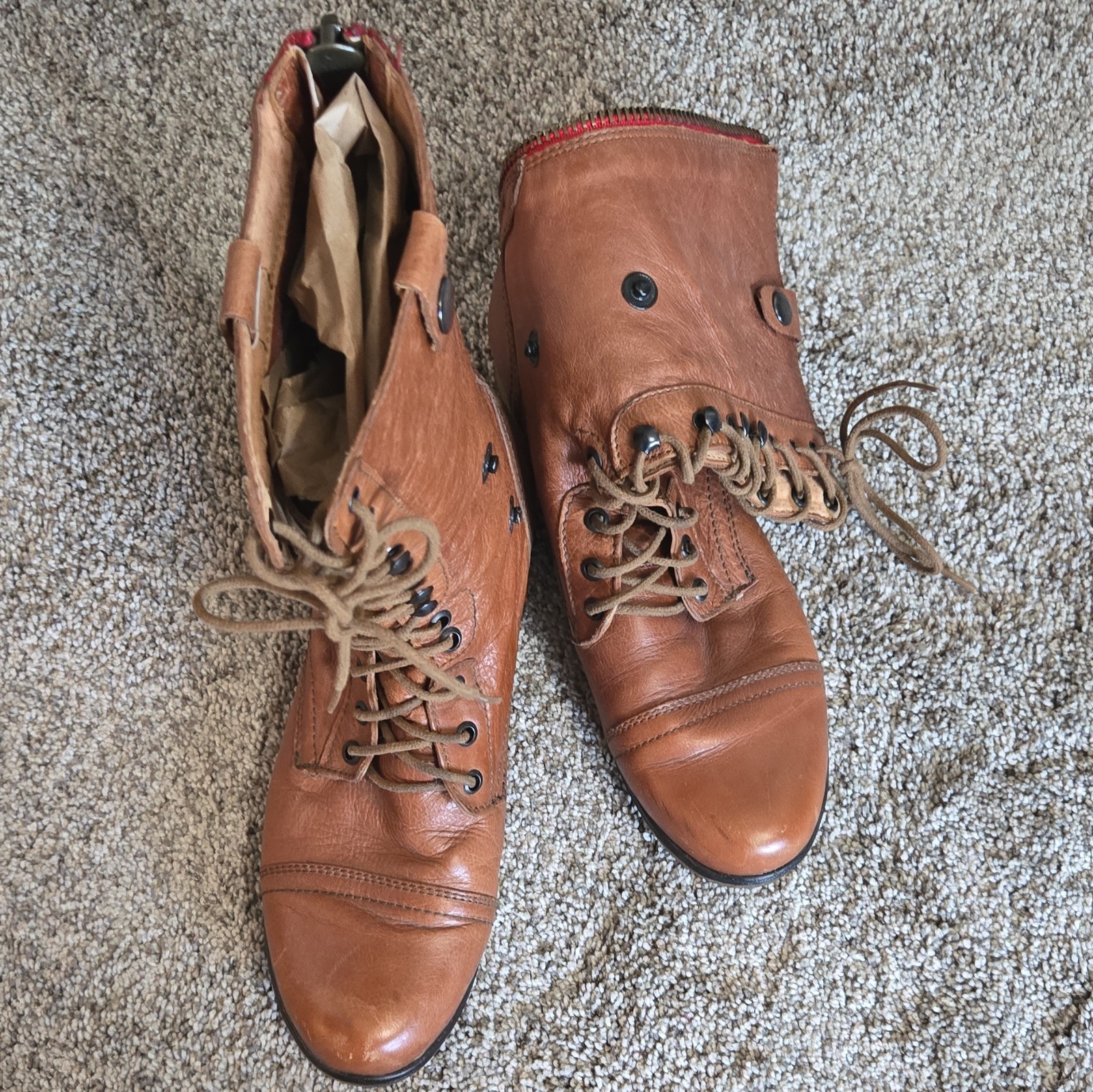 Steve Madden Brown Leather Combat Boots Lace-Up Side Zipper Cap Toe Sz 10