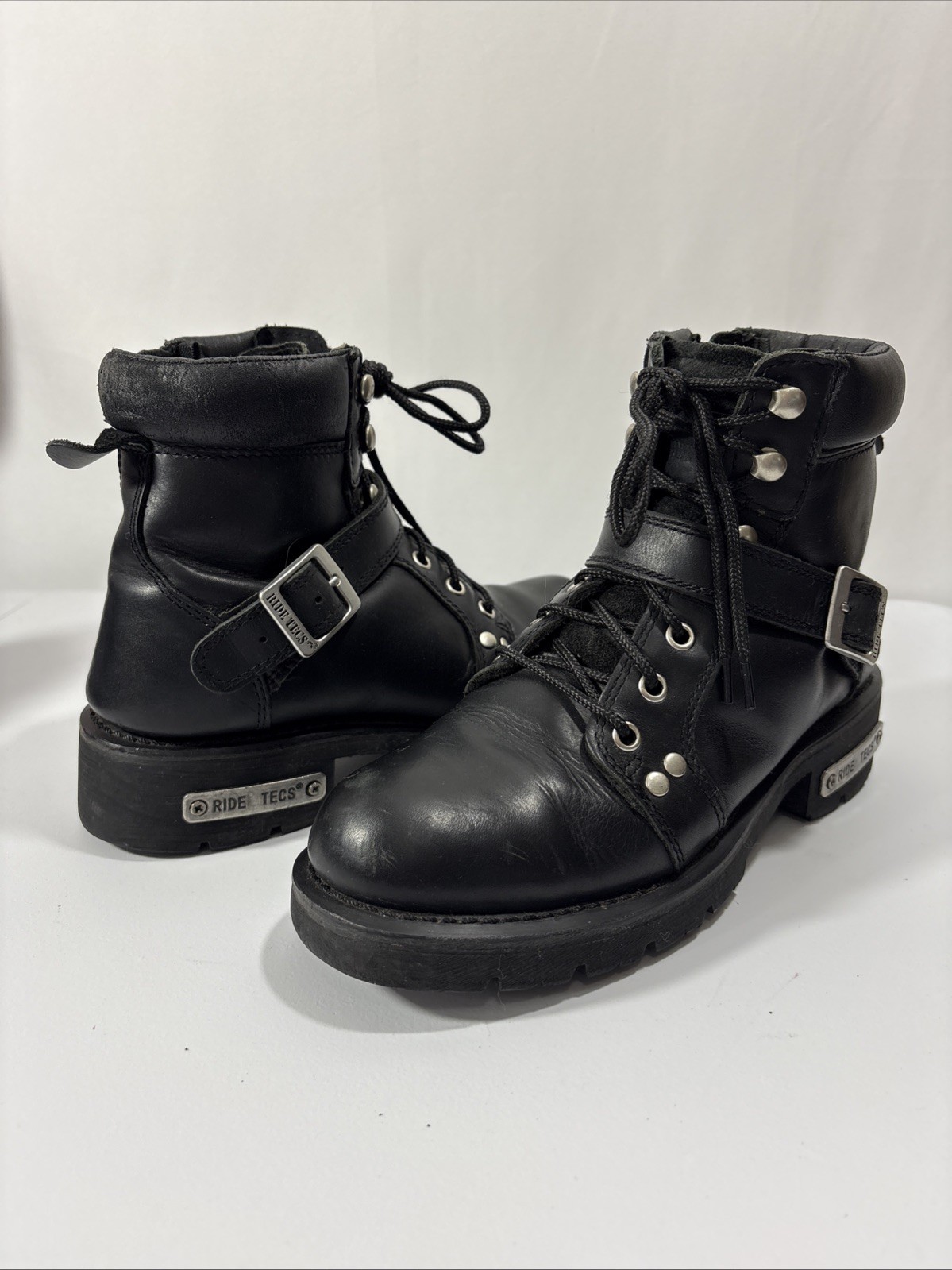 Ride Tecs Women’s 8M Black Leather Biker Boots Side Zip Buckle 8143 Size