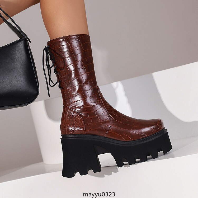 Womens Platform High Block Heel Zip Square Toe Casual Ankle Boots Shoes Biker