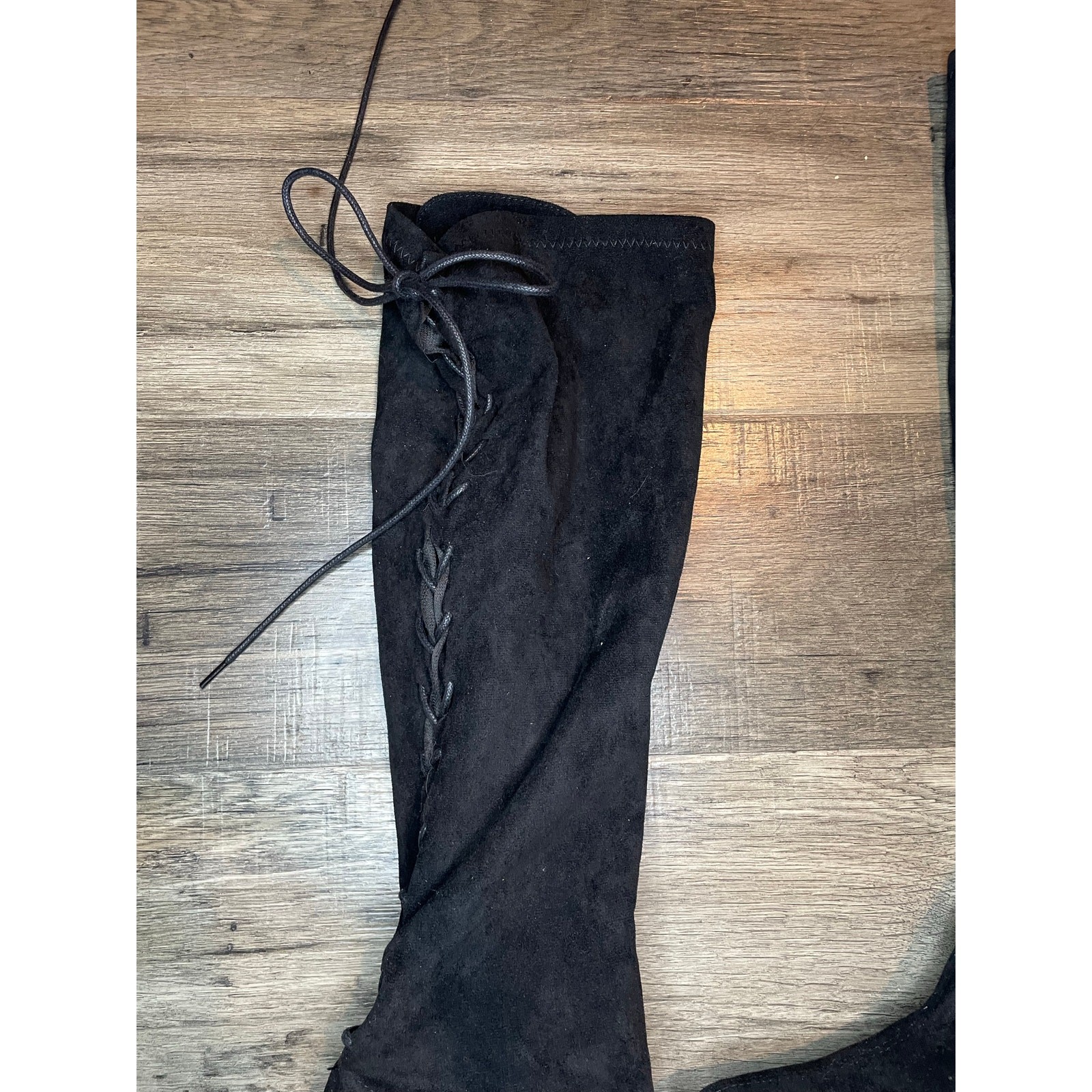Lulus Lundrah Black Tall Heeled Boots Vegan Suede Holiday Witch Knee High 8 Y2K