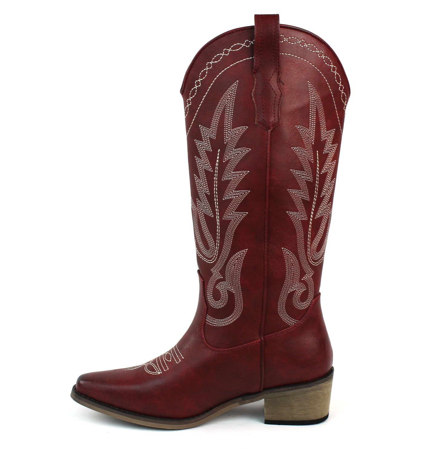Red Womens Western Cowboy Boots Snip Toe Leather Knee High Cowgirl AZARWOMAN