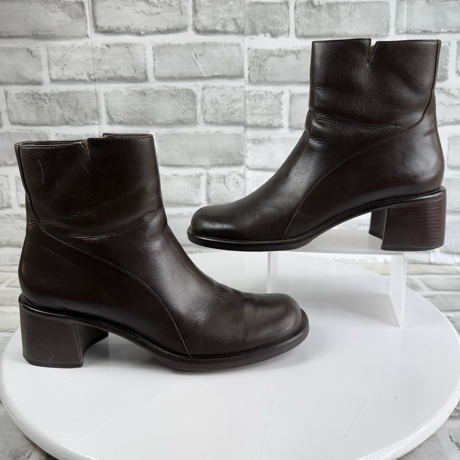 Diba Women’s Size 8 VINTAGE Brown Leather Block Heel Chunky Y2K Zip Boots