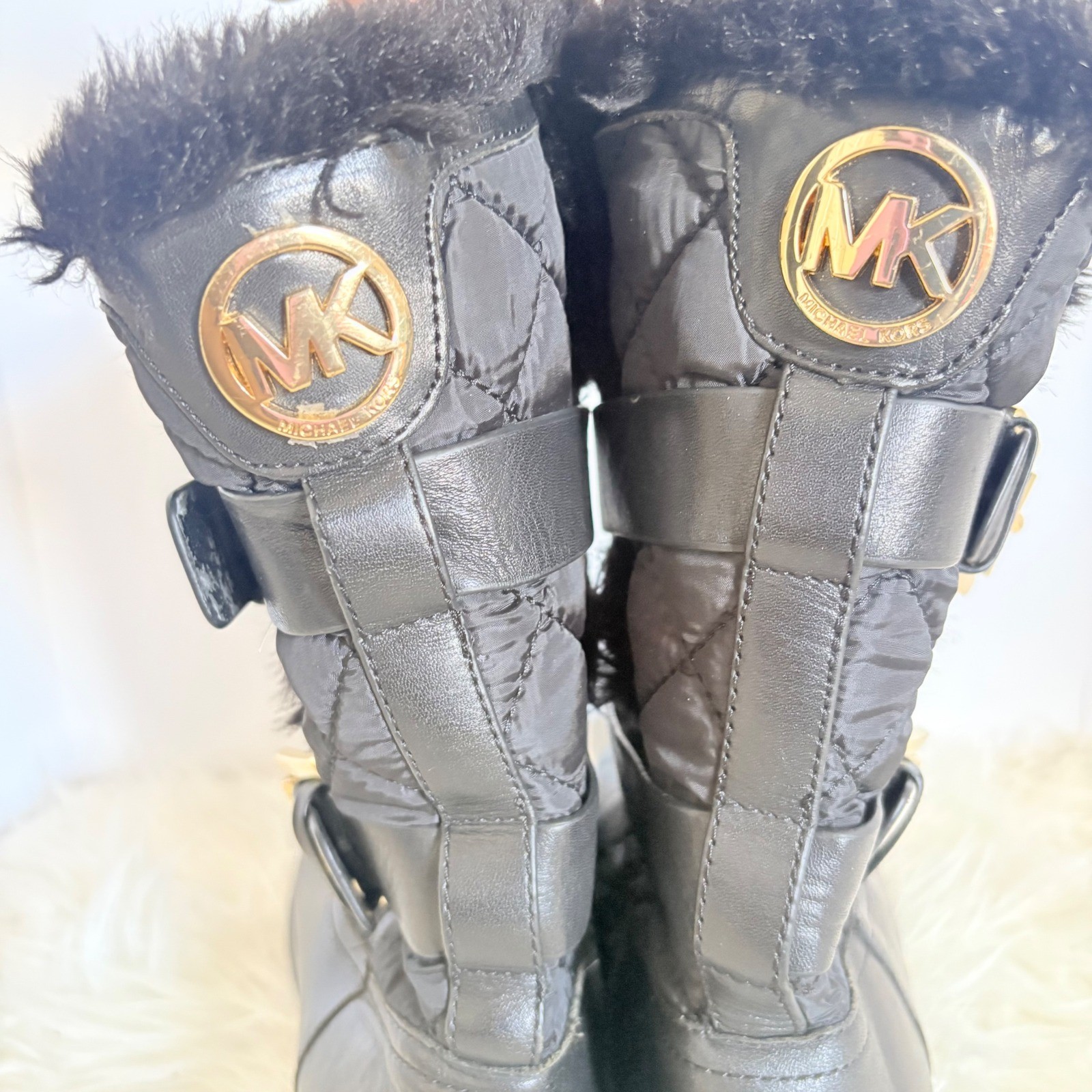 Michael Kors Black Quilted Faux Fur Trim Buckle Boots AQ13G 7M