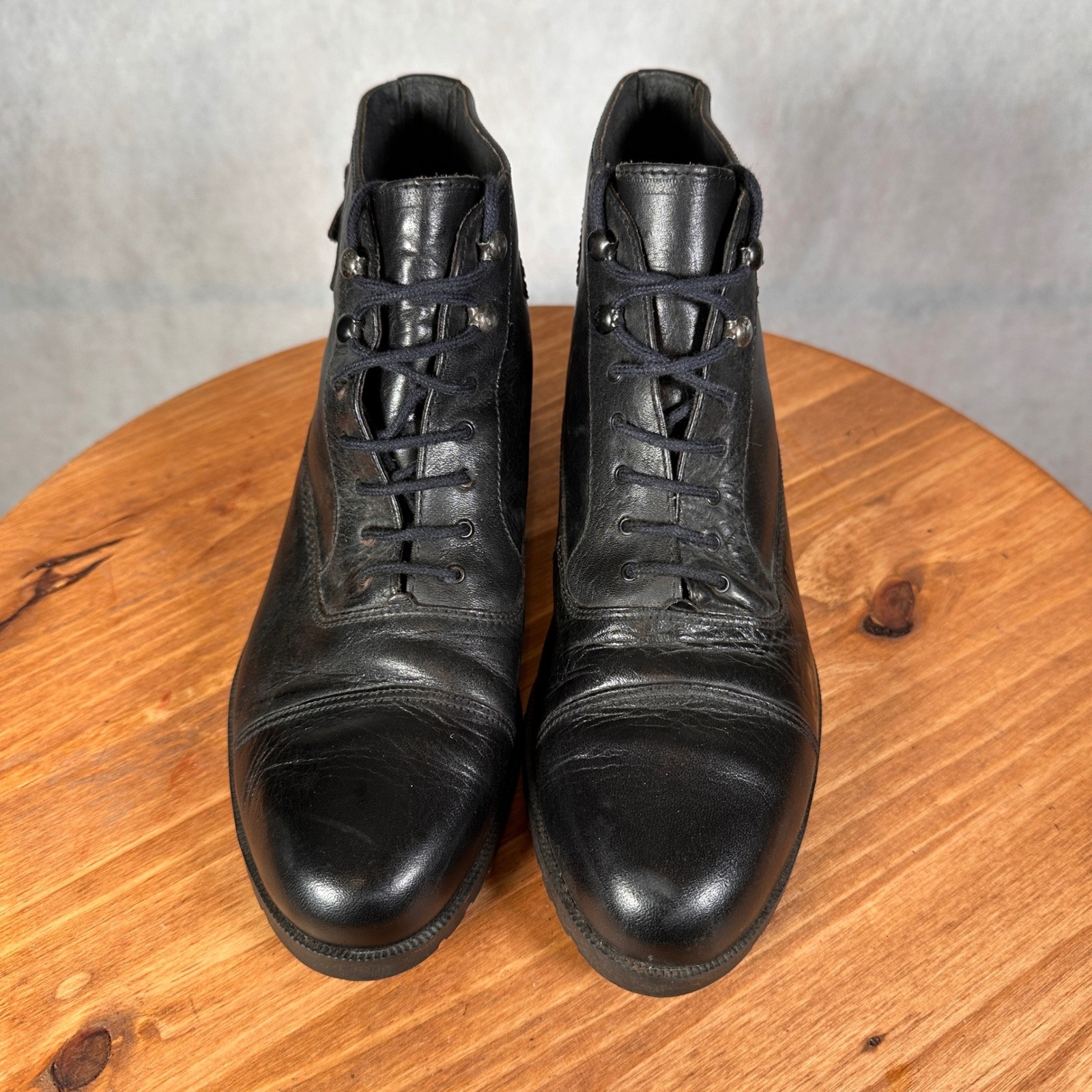 Sabree Leather Lace Up Ankle Boots Womens 7 Black Good Cap Toe Buckle 60928J