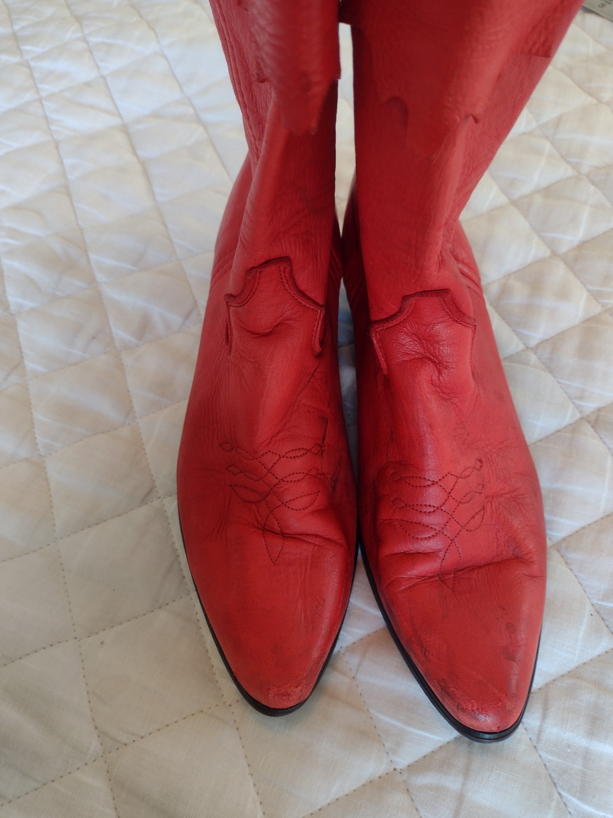 Vtg Red Laredo Leather Cowboy Boots Decorative Top Sz 9.5 Worn Line Dancing