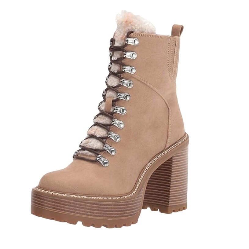 Madden Girl Womens Kikki Combat Boots Lace-Up Faux Fur Sand Fabric Size 9.5