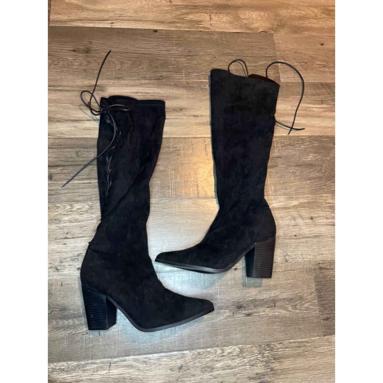 Lulus Lundrah Black Tall Heeled Boots Vegan Suede Holiday Witch Knee High 8 Y2K