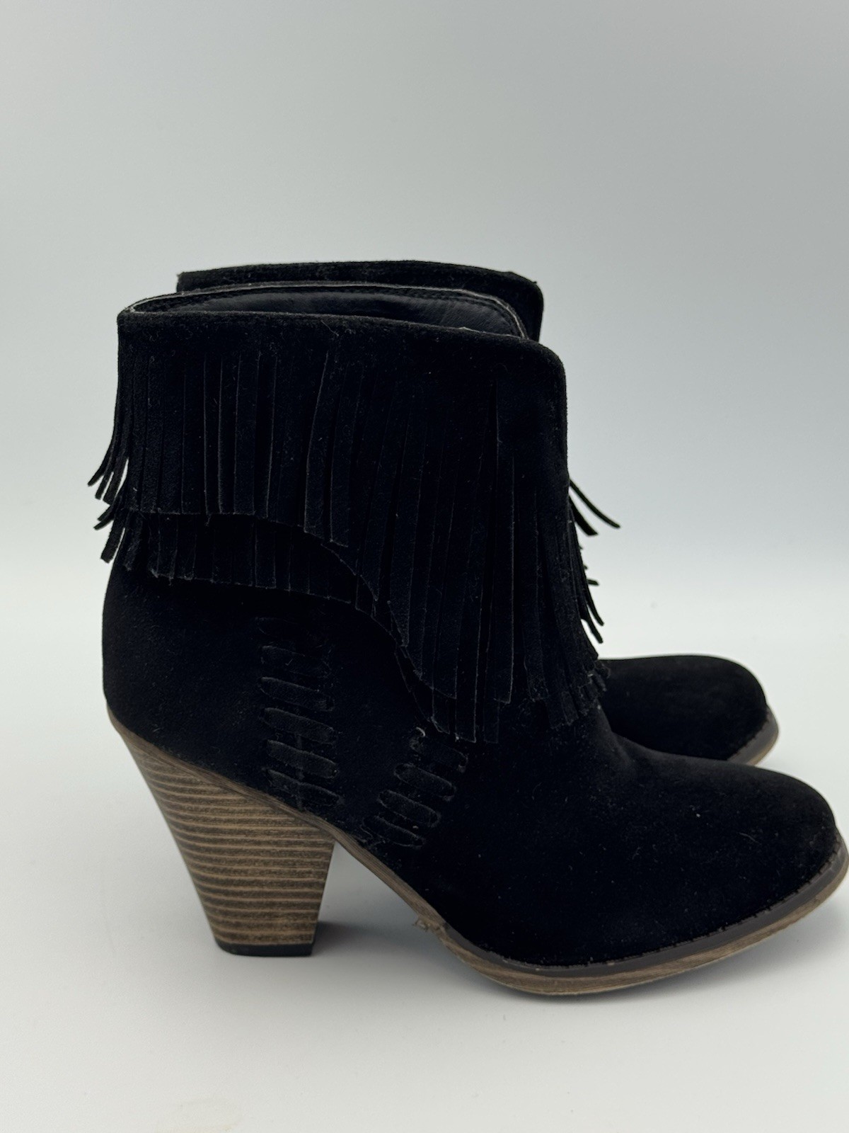 DailyShoes Black Suede Fringe Ankle Boots Western Boho Block Heel Women’s 6