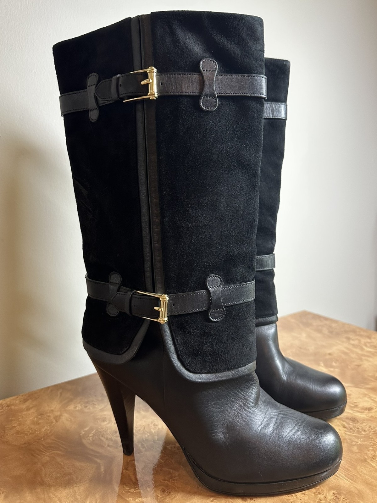 Cole Haan Women’s Black Leather & Suede Knee High Buckle Boots Size 11B