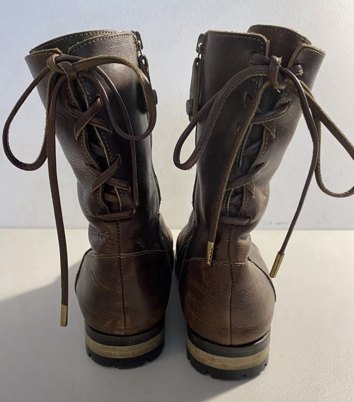 Fabianelli Boots Brown Leather Biker US 7.5 EUR 38 Back Lace Up Side Zip Lined