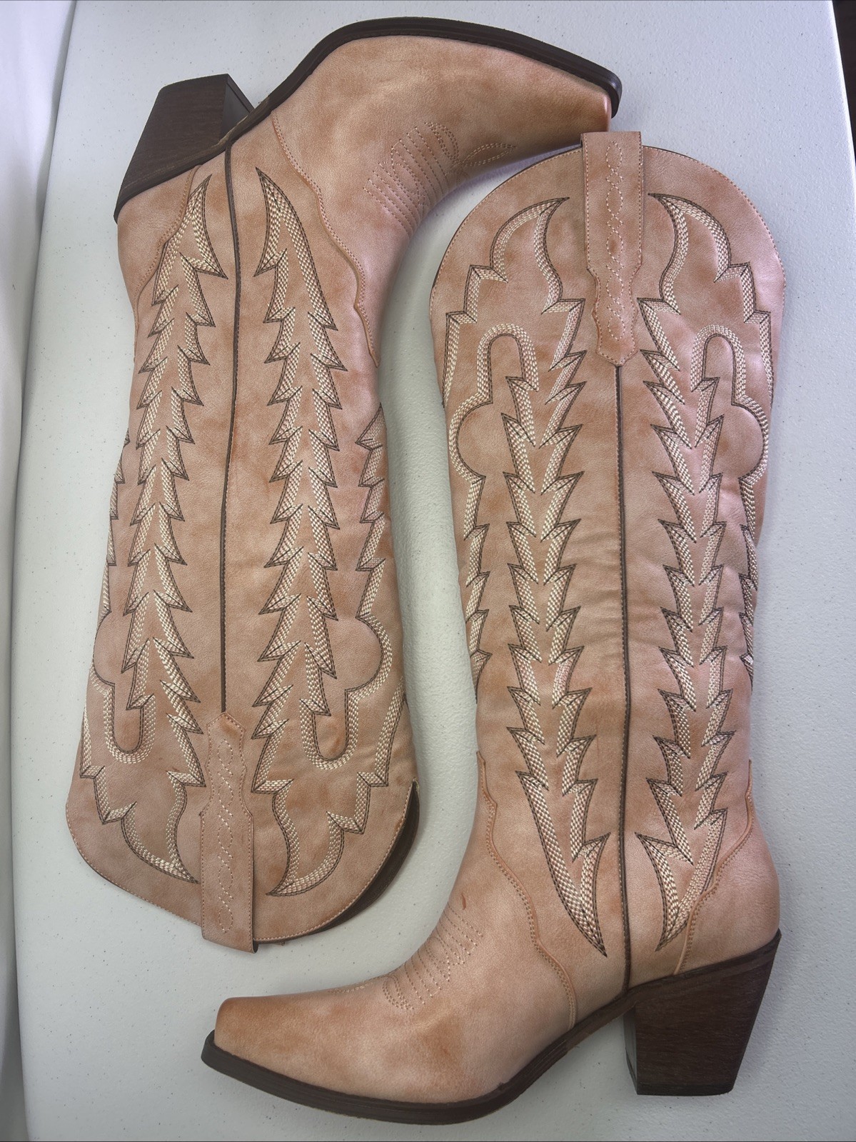 WETKISS Womens Cowboy Boots Size 8 Knee High NIB Pink Beige Embroidered Cowgirl