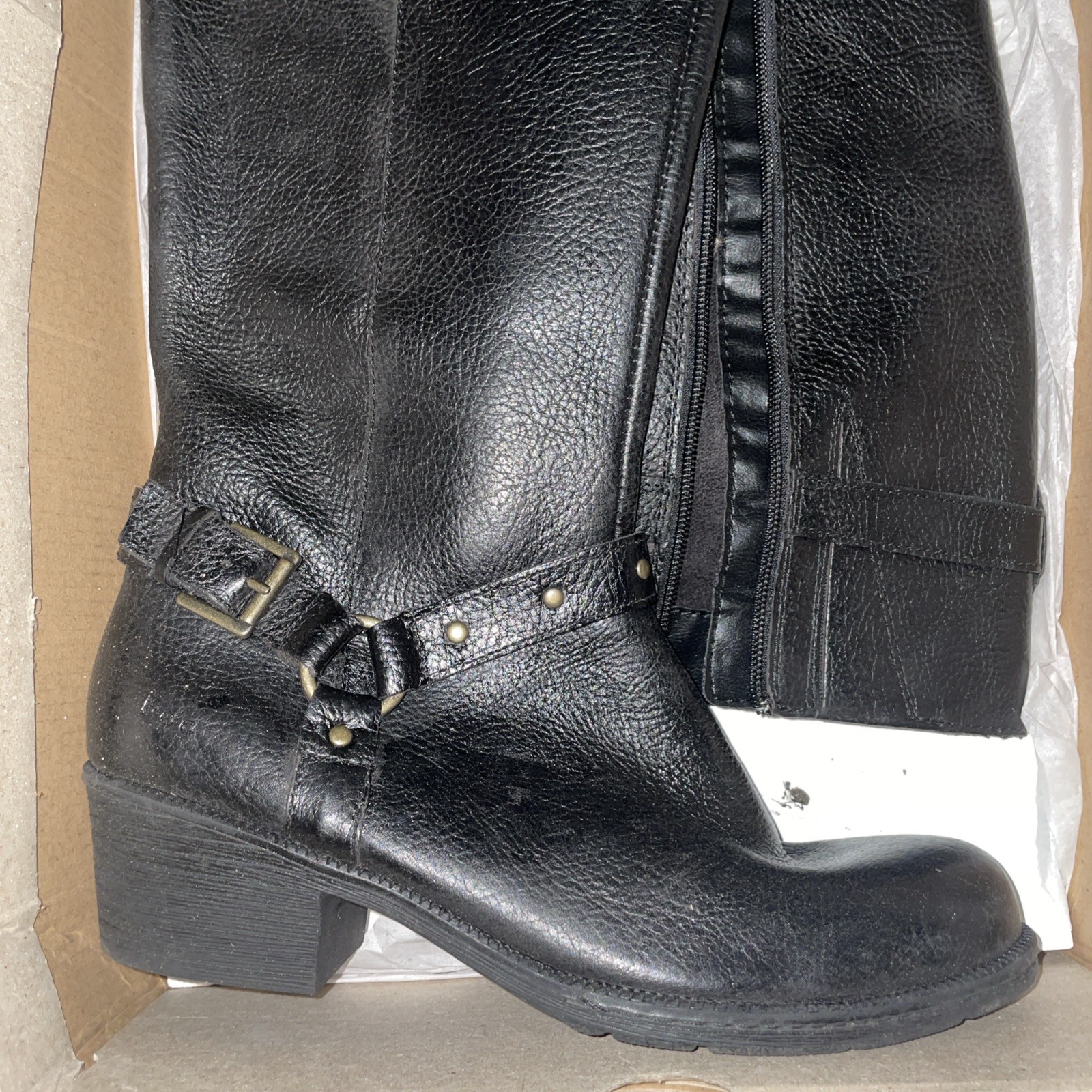 Born Boc Boots 9M Knee High Tall Riding Black Leather Harness Straps Buckles