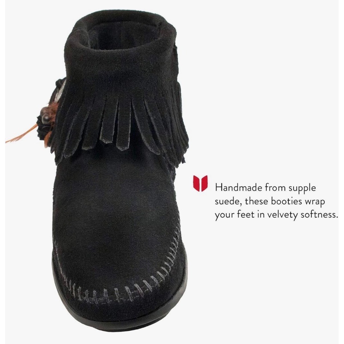 Minnetonka Women Black Suede Fringe Concho Feather Moccasin Ankle Boots Size 9