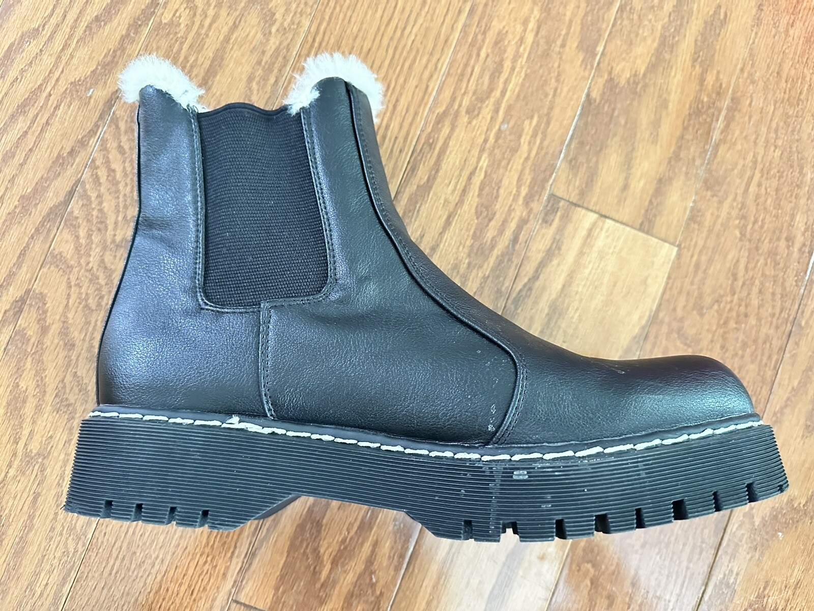 PORTLAND Black Faux Fur Trim Lined Closed Toe Chelsea Helena Pull On Boots 9.5