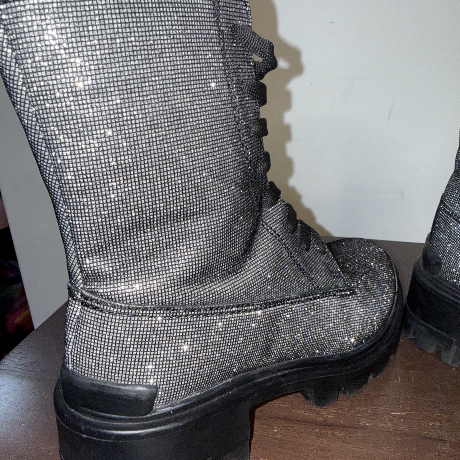 Erez Silver Glitter Combat Boots 5.5 Women’s Sparkly Ankle Bootie Festival Shoes