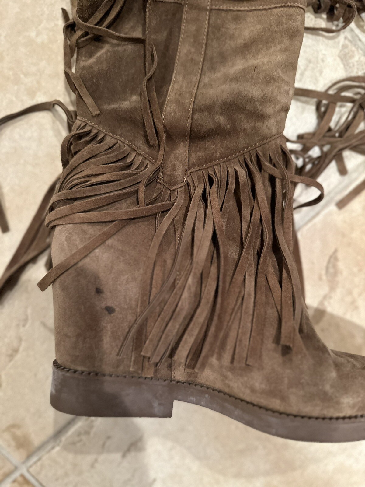 Ash Gipsy thigh high brown suede tiered fringe pull on boots Sz 8 (39M) HTF box