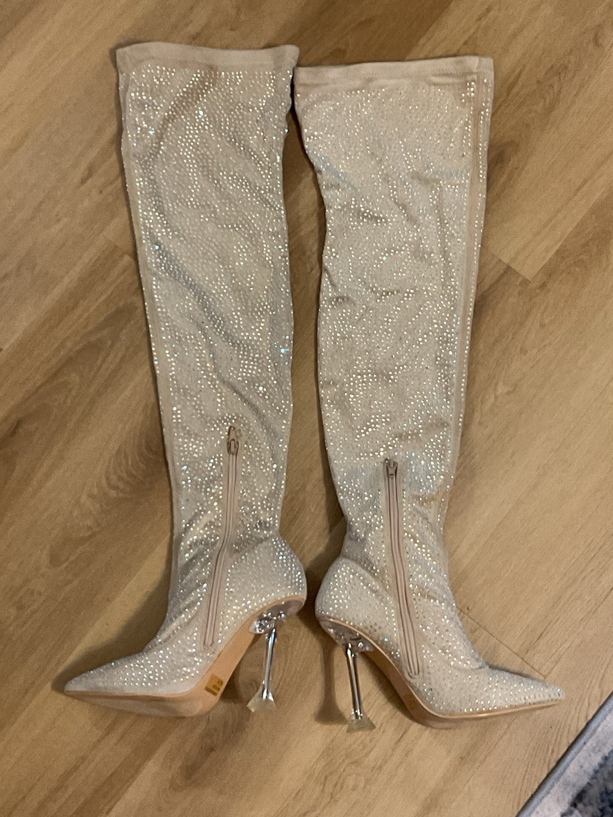 Nude Thigh High Boots Embellished With Rhinestones Size 6 1/2