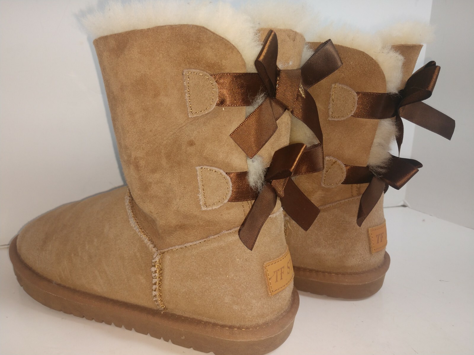Genuine Leather Suede Women’s Boots with Sheepskin Fur Lining Warm Tan w/ BOWS
