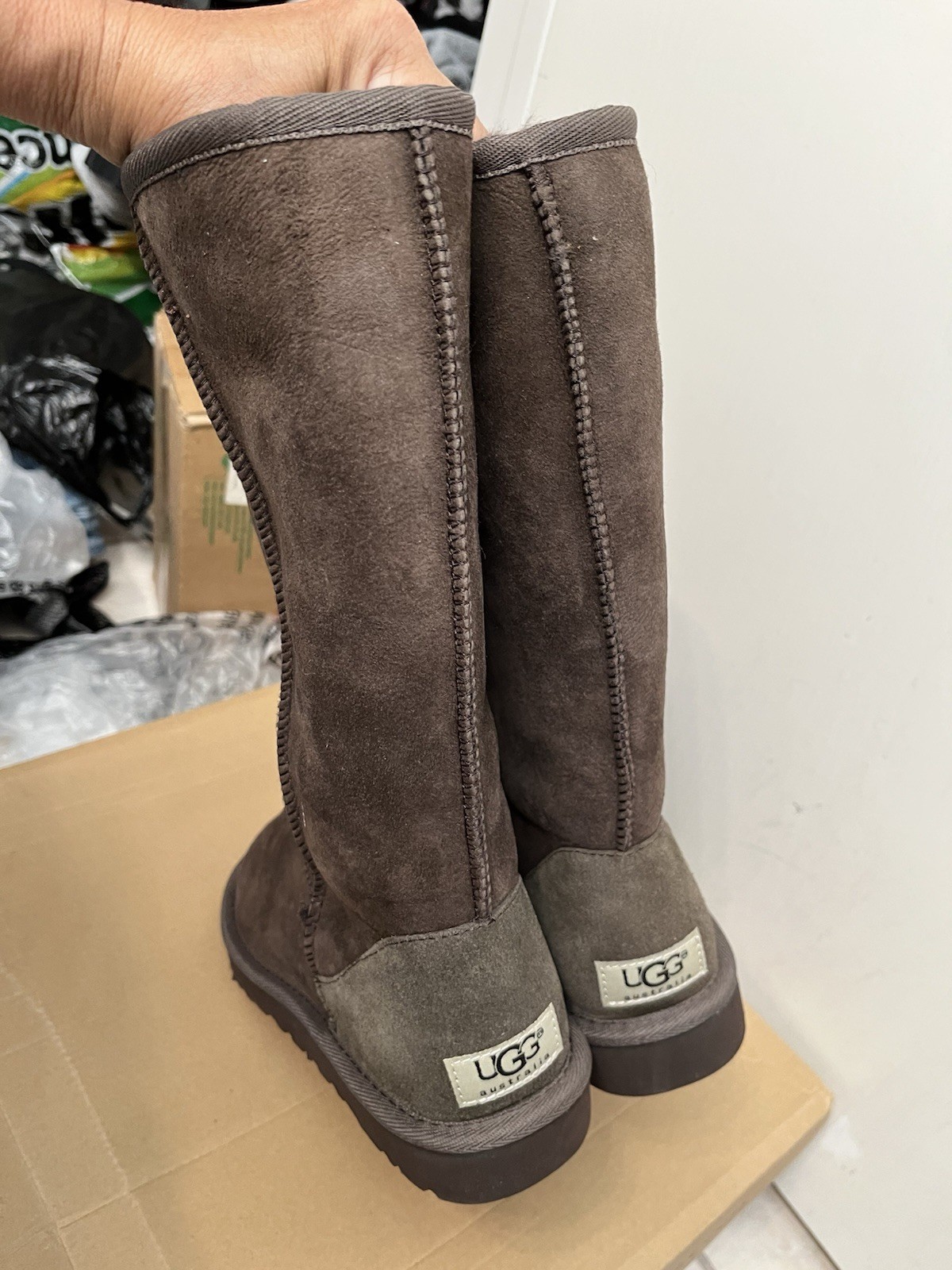 UGG LOGO EXPRESSO BWN SOFT SUEDE SHEARLING SHEEPSKIN LINED COMFY WARM TALL BOOTS