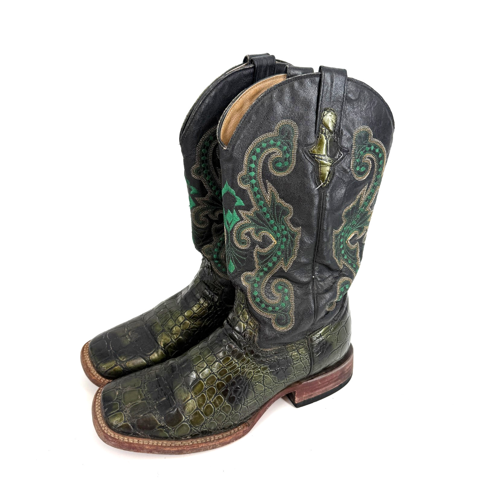 Ferrini Stampede Caiman Print Square Toe Boots Green Cowgirl Western Size 8.5 B