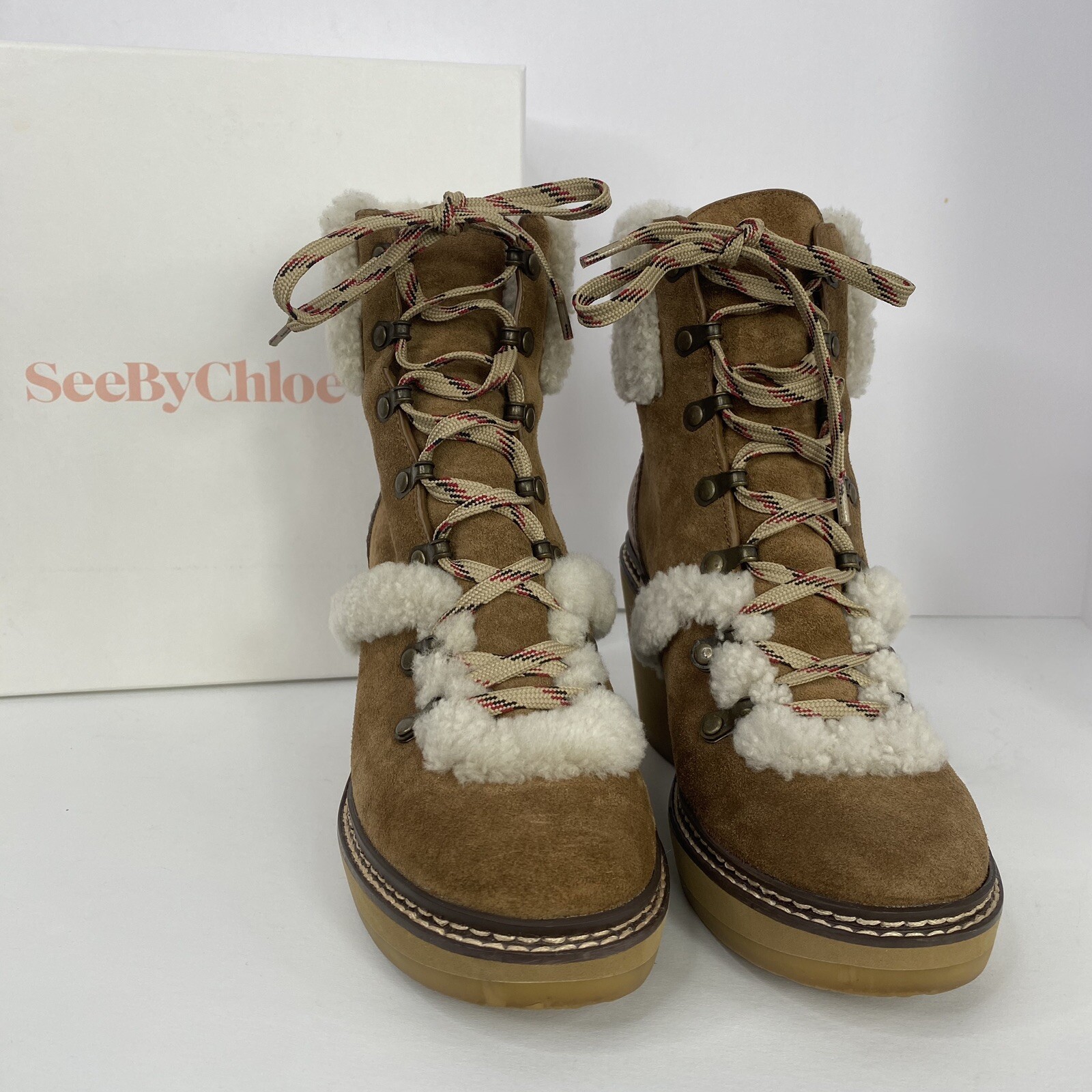 SEE BY CHLOÉ Shearling-Trimmed Suede Wedge Ankle Boots SZ 8 / 38 LACE UP $450 RT