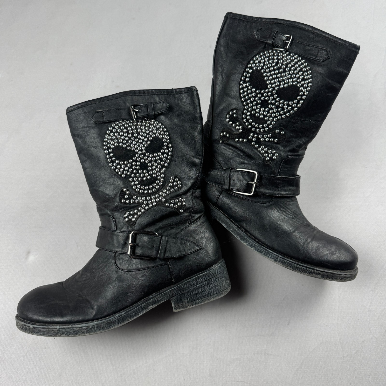 Y2K Skull Studded Biker Boots Black Leather Punk Gothic Moto Buckle Mid Calf