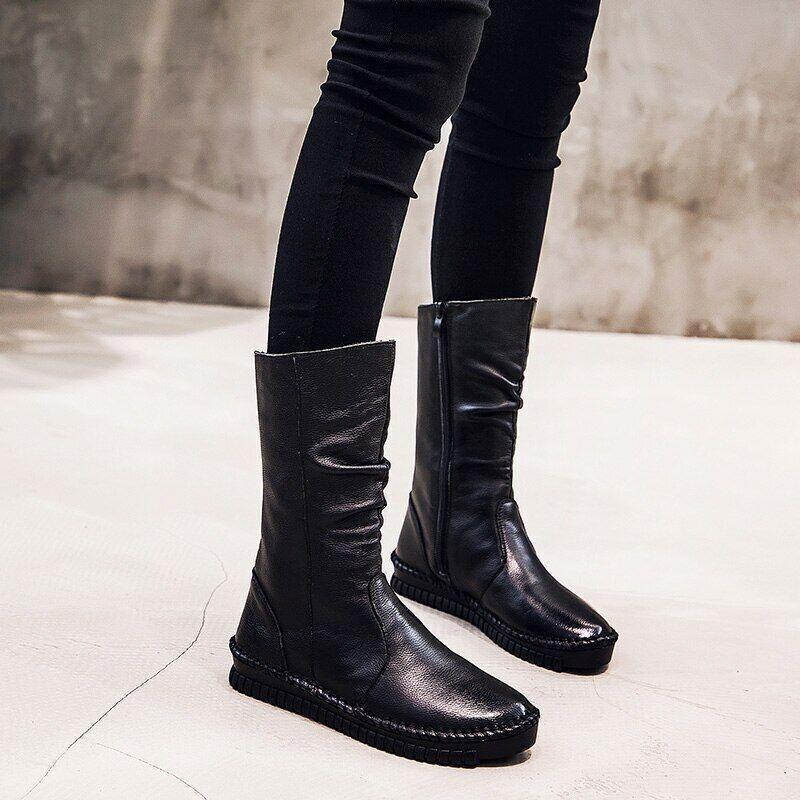Women Autumn Spring Retro Leisure Elegant Work Pump Side Zip Flat Mid Calf Boots
