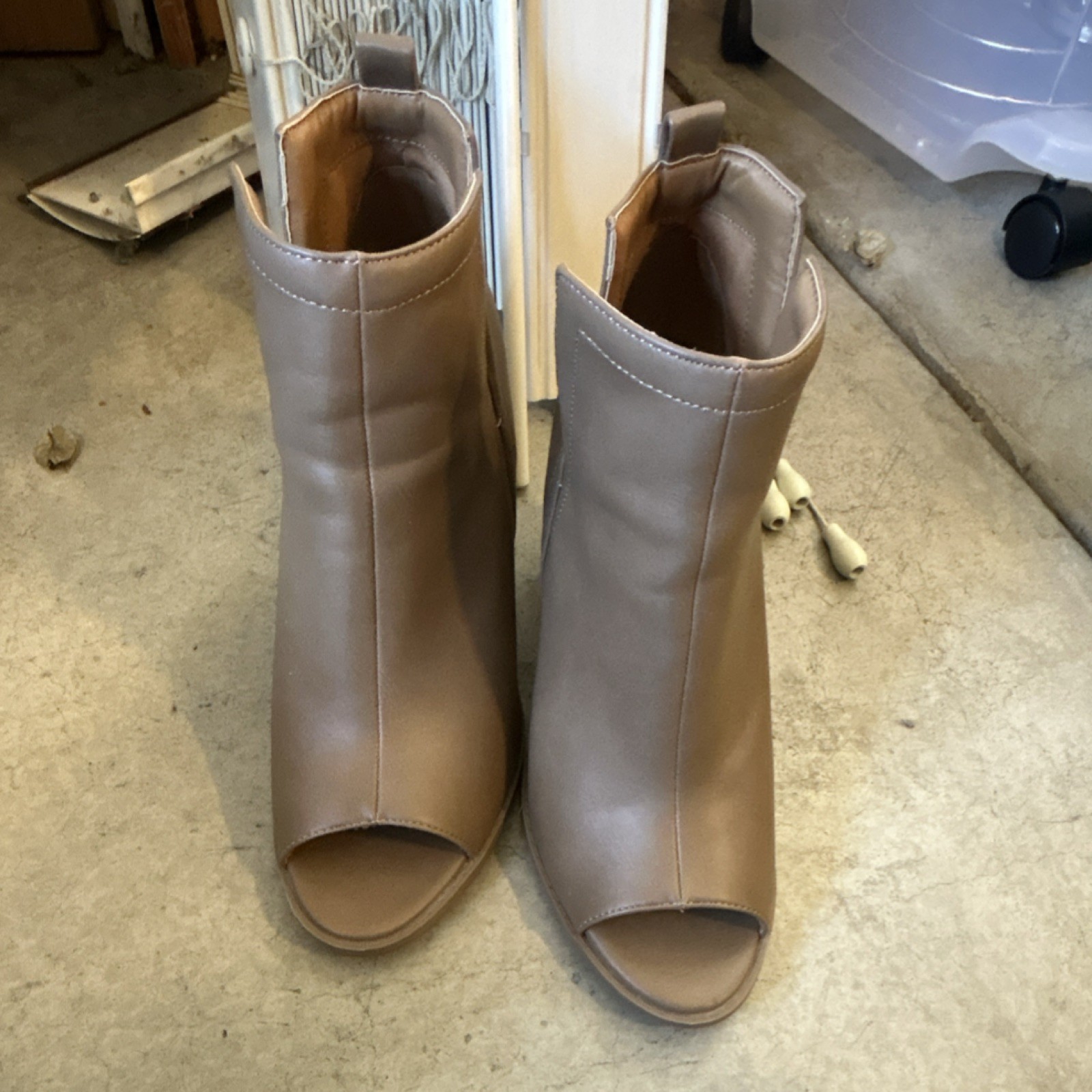 Pink Lily Beige Open Toe Block Heel Ankle Bootie Slip On Synthetic Upper