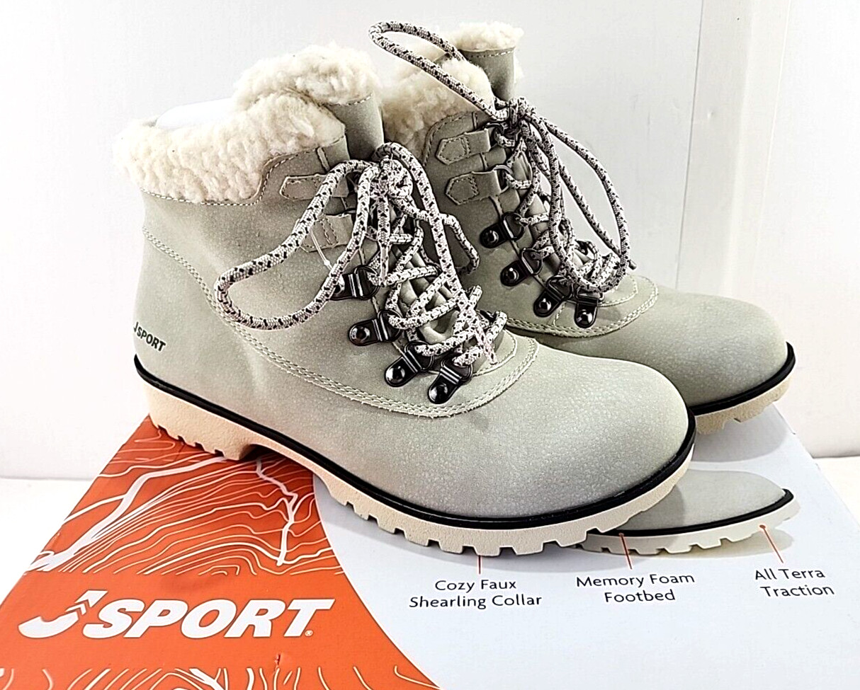 JSport Women’s BLUESTONE Faux Shearling Boots Shoes Size 8 M Stonewhite NEW