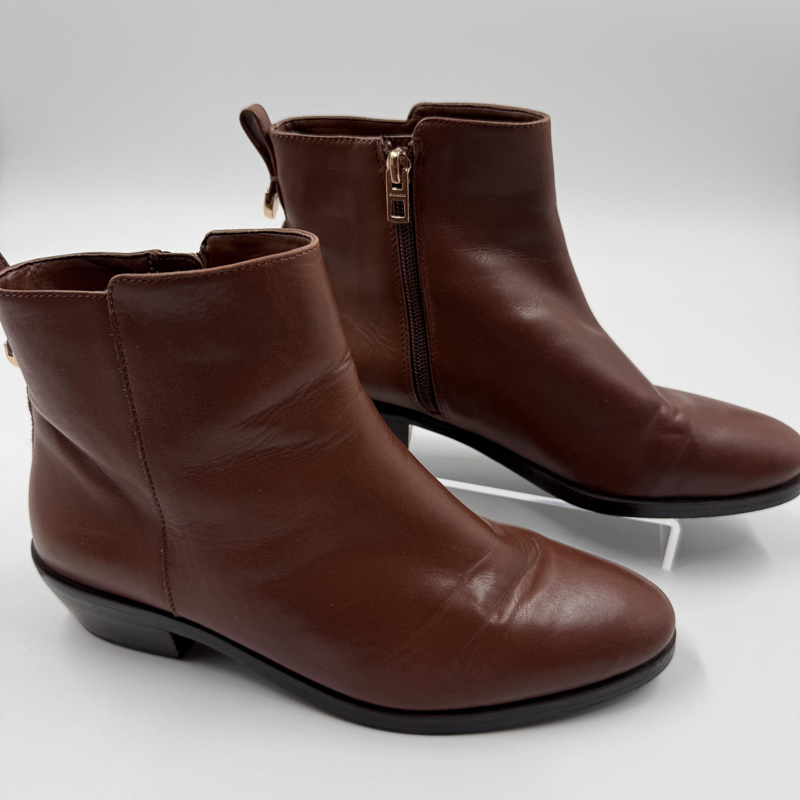 Coach Carmen Ankle Boots Womens 7.5 Brown Leather Side Zip Block Heel Booties