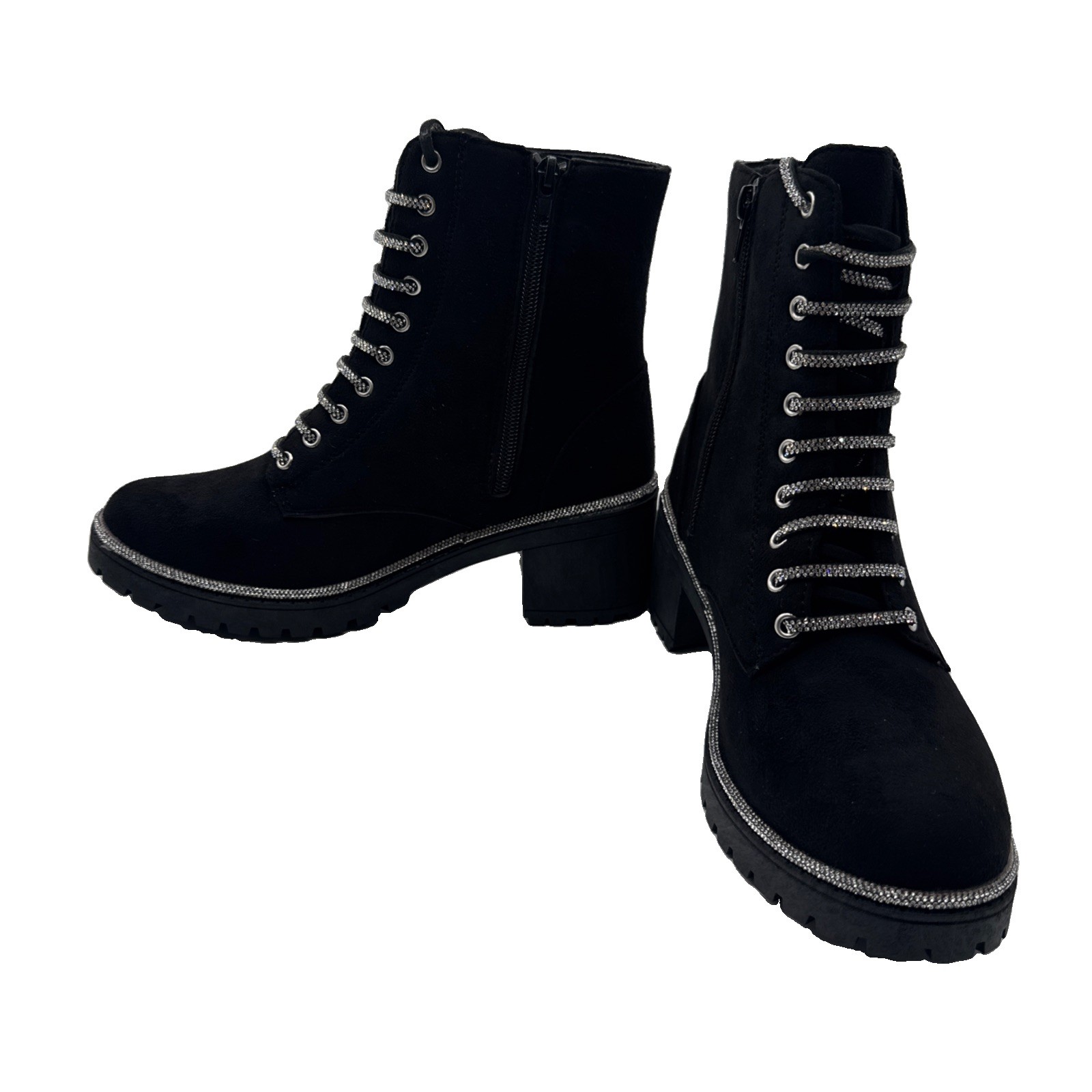 Rouge Women’s Glam Combat Boots Black Faux Suede Rhinestone Trim