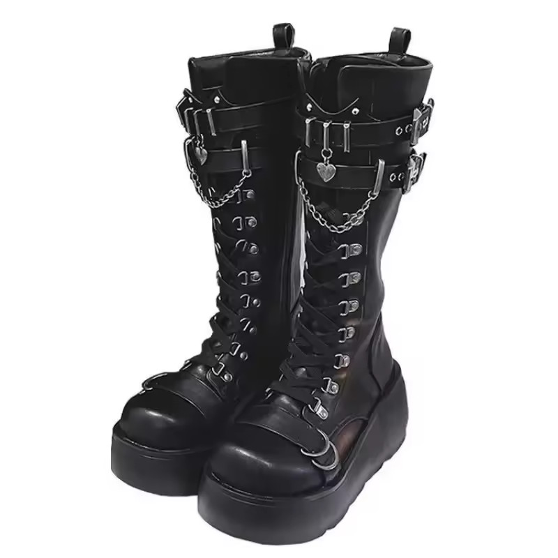 Women Black Gothic High Heel Platform Boots Studded Corset Combat Chunky Punk