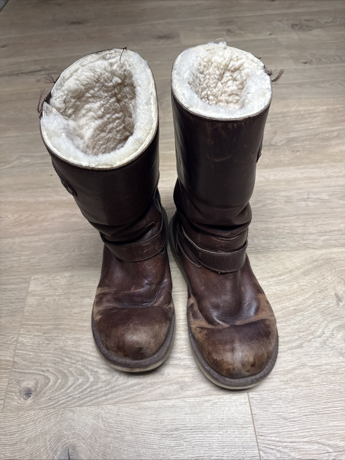 Ugg Australia Brown Leather Shearling Lined Buckle Boots Women’s US 8 Mid Calf