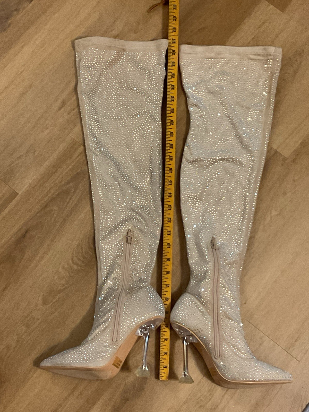 Nude Thigh High Boots Embellished With Rhinestones Size 6 1/2