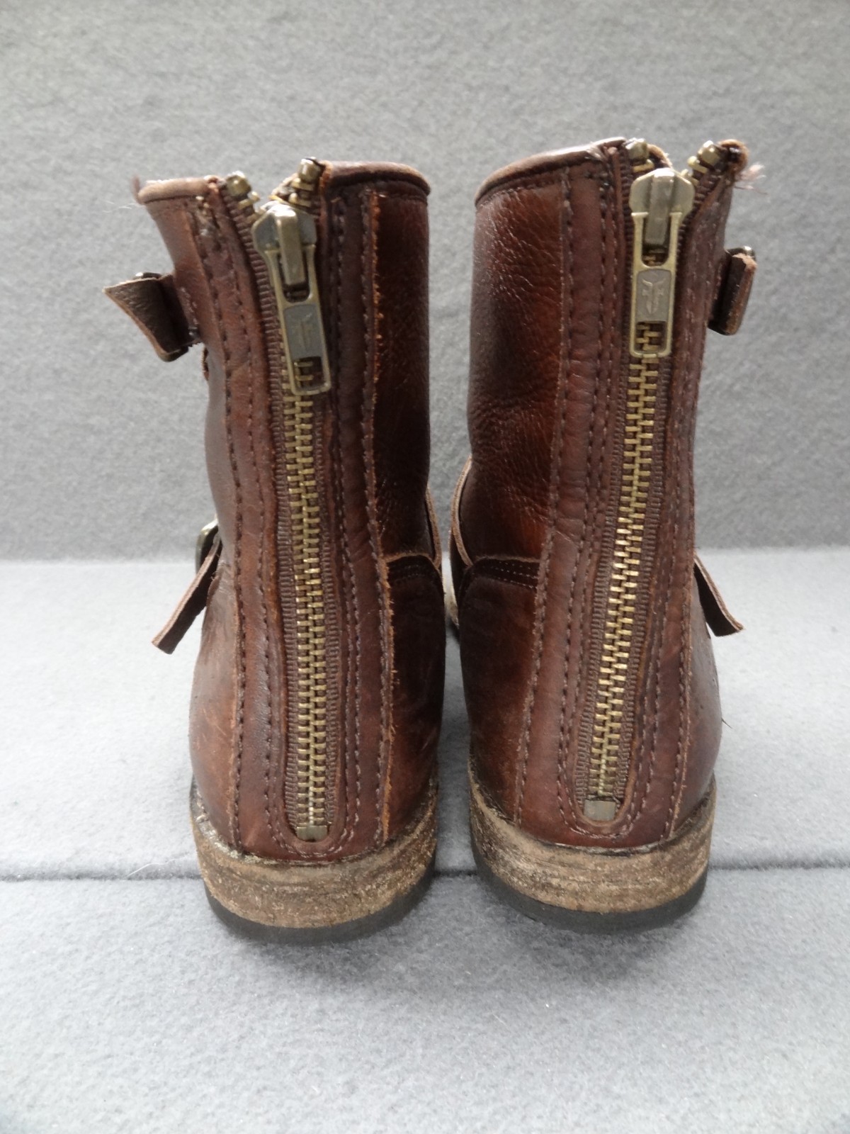 Frye Tyler Boots 6.5 B Leather Strap Engineer Moto Bootie Brown 3474870 Dark Zip