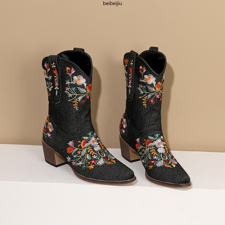 Womens Denim Jean Western Cowboy Ankle Boots Embroidery Pull On Shoes Vintage