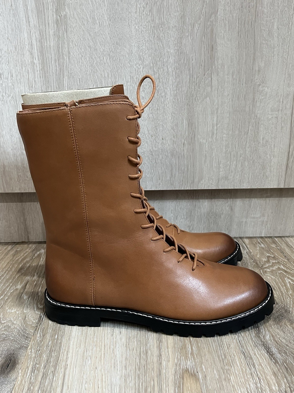 J.Crew Gwen Leather Combat Boots Cognac Brown Lace Up Side Zip Women’s 9