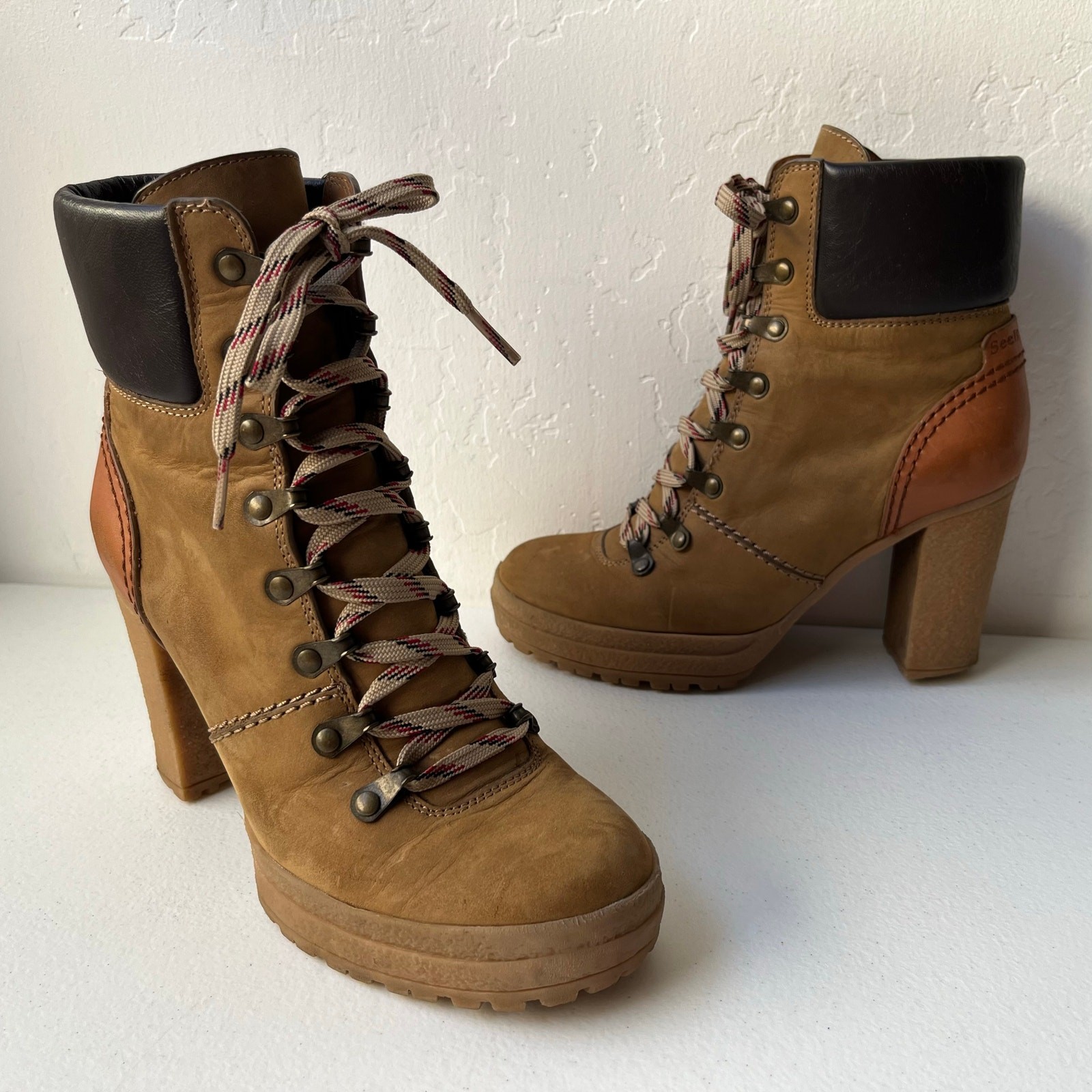 See by Chloé Eileen Lug Sole Heeled Leather Boots Colorblock Tan Size EU37 / US7