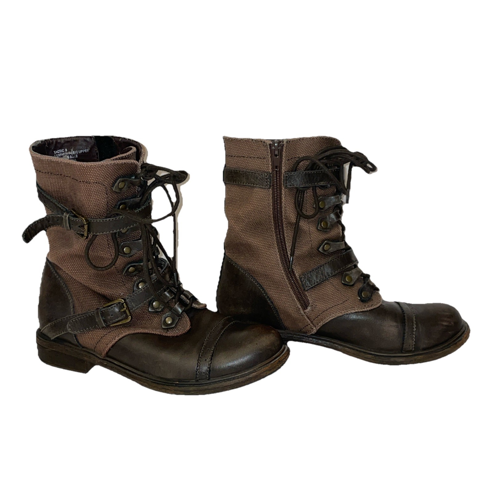 ZiGi Girl Tactic Boots Size 8 Brown Fabric Leather Faux Distressed Buckles