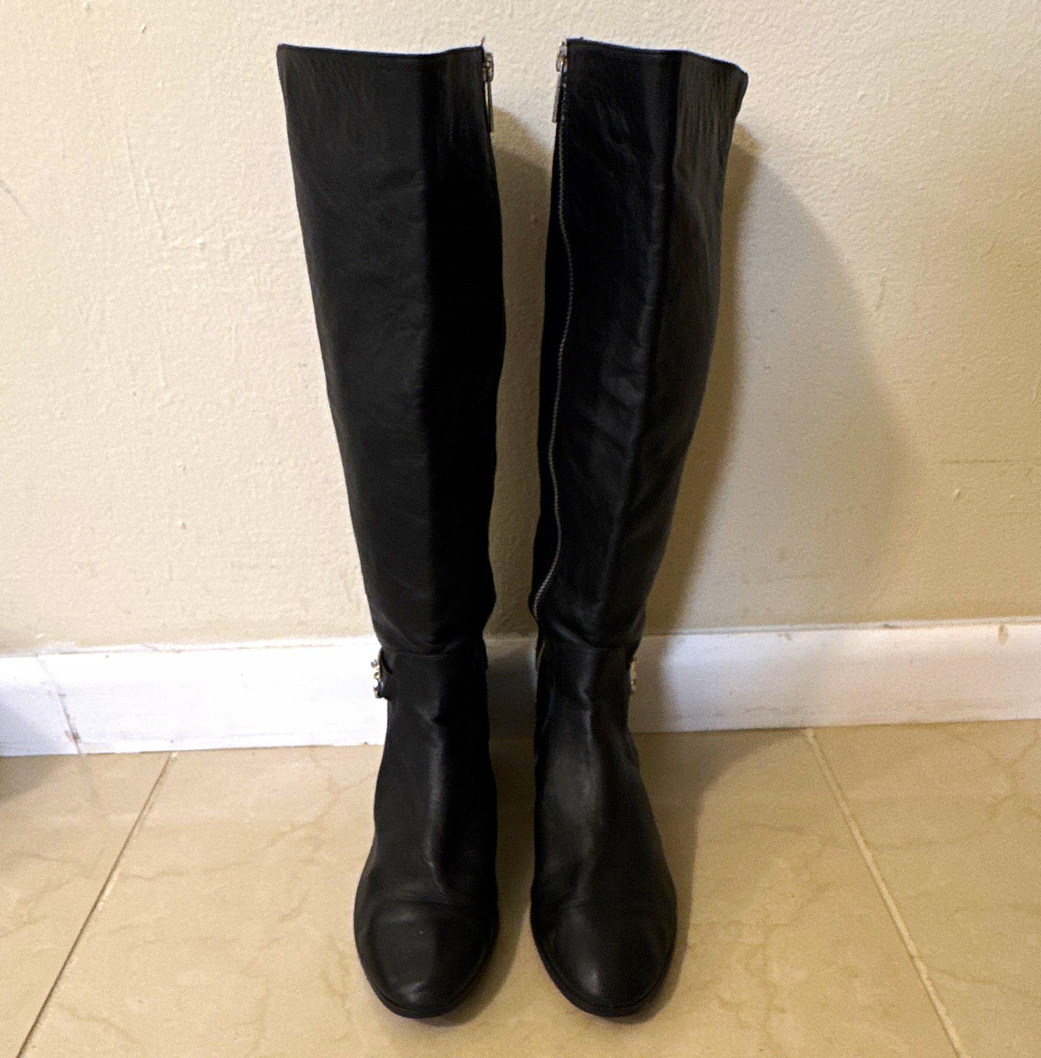 Authentic Michael Kors Women’s Black Leather Knee-High Boots Zip MK Logo US 10