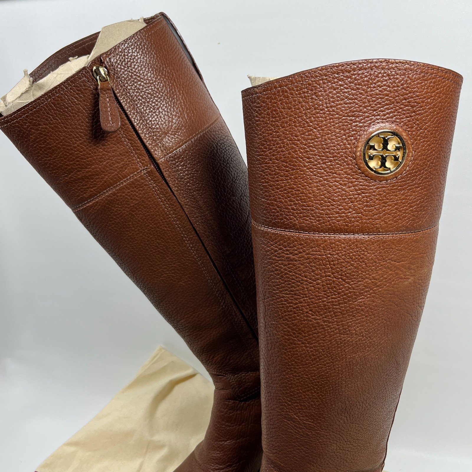 TORY BURCH Boots Womens 8M Junction Riding Equestrian Pebble Leather Brown