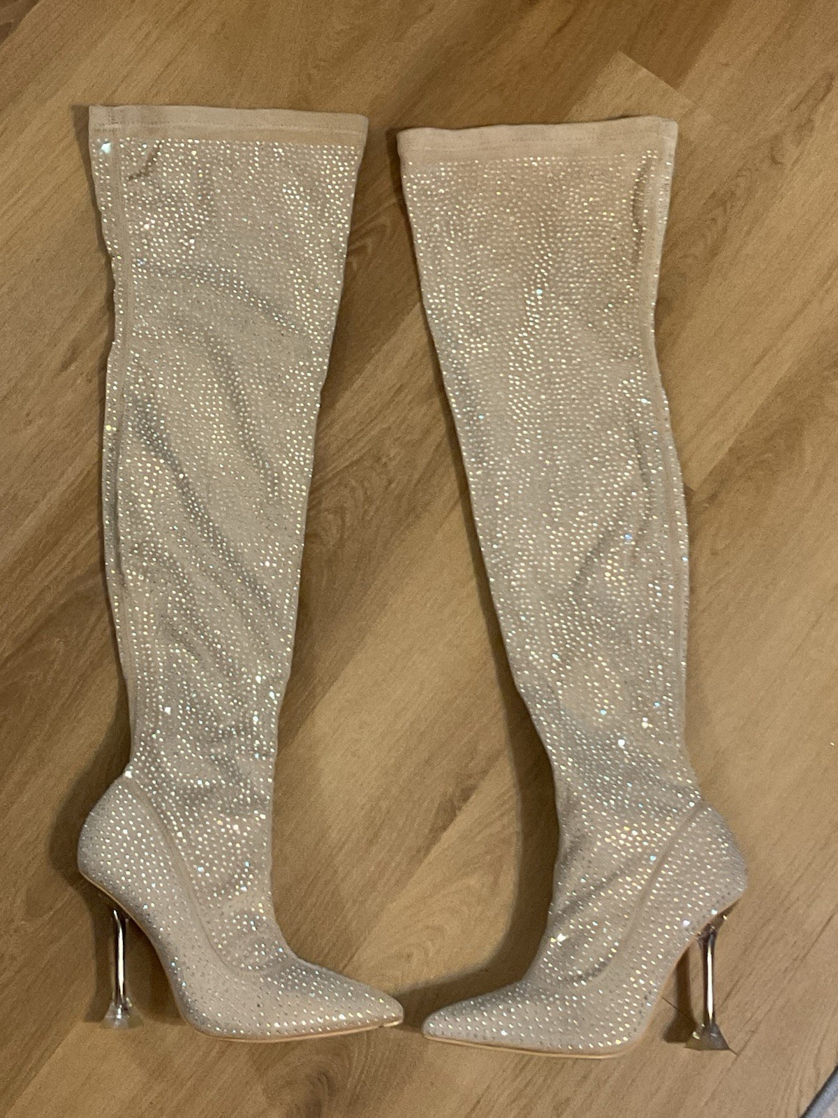 Nude Thigh High Boots Embellished With Rhinestones Size 6 1/2