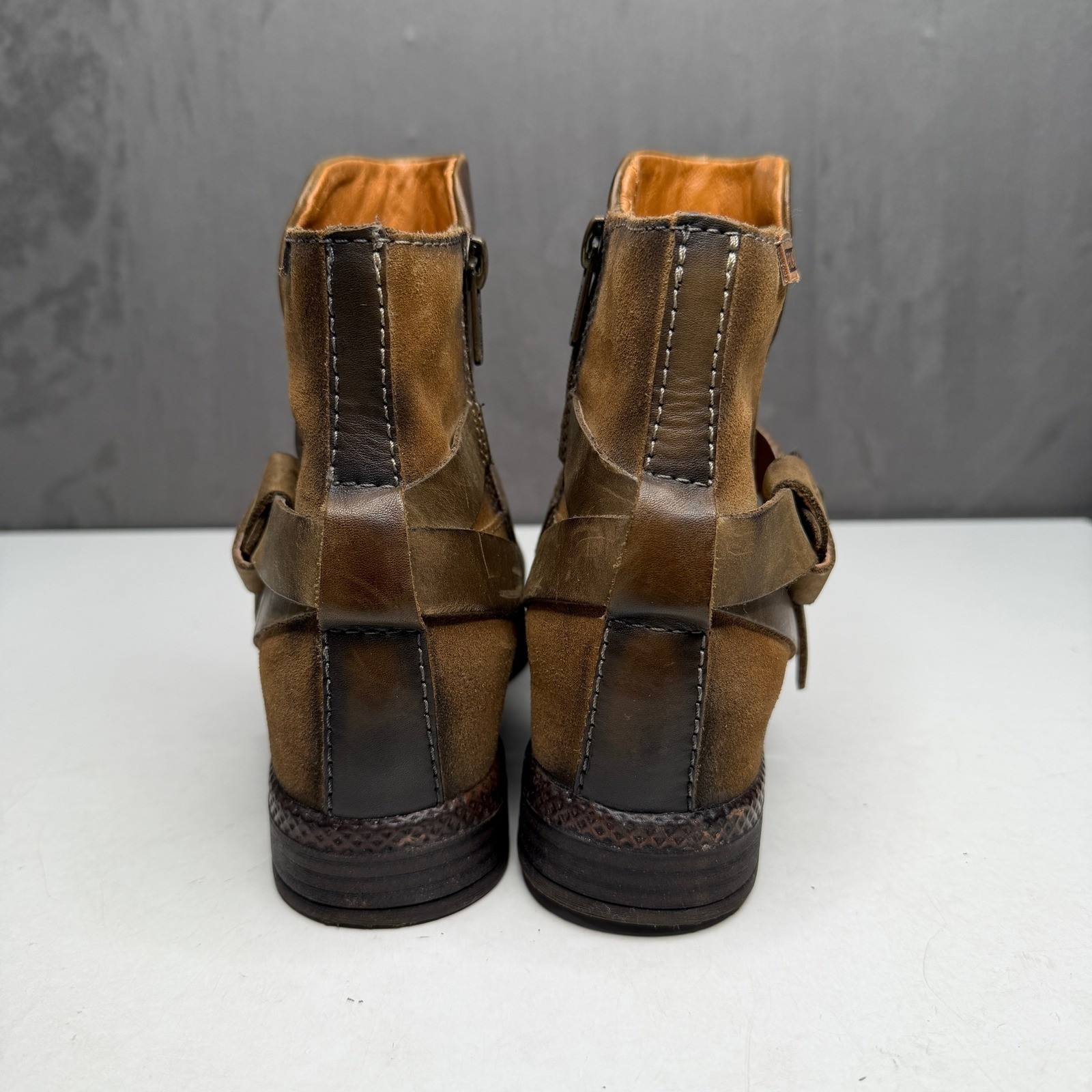 Pikolinos Ankle Boots Womens 37 Brown Leather Suede Moto Buckle Zip Spain