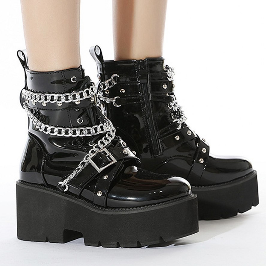 Motorcycle Ankle Boots Women’s Patent Leather Buckle Chain Platform Creeper Boot