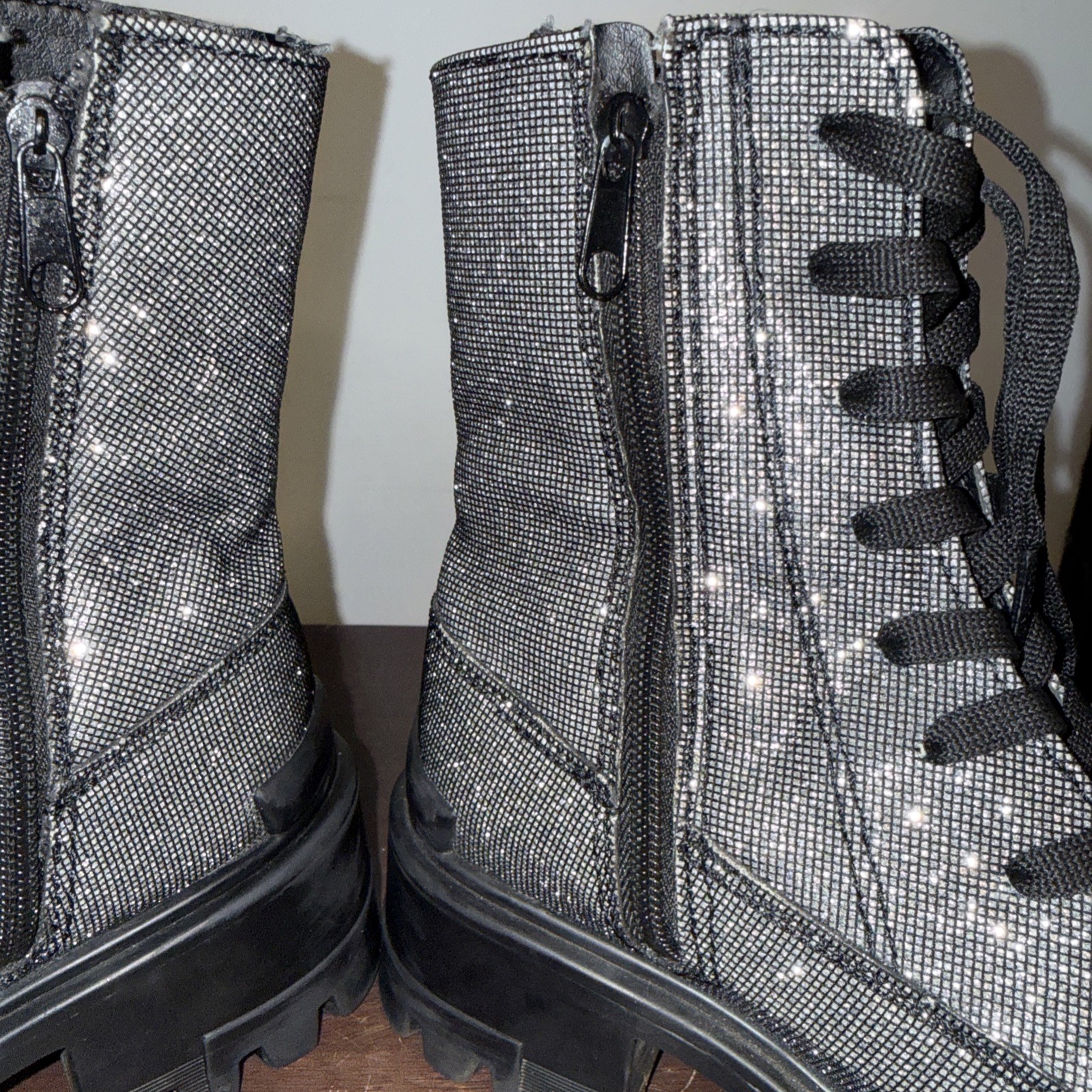 Erez Silver Glitter Combat Boots 5.5 Women’s Sparkly Ankle Bootie Festival Shoes