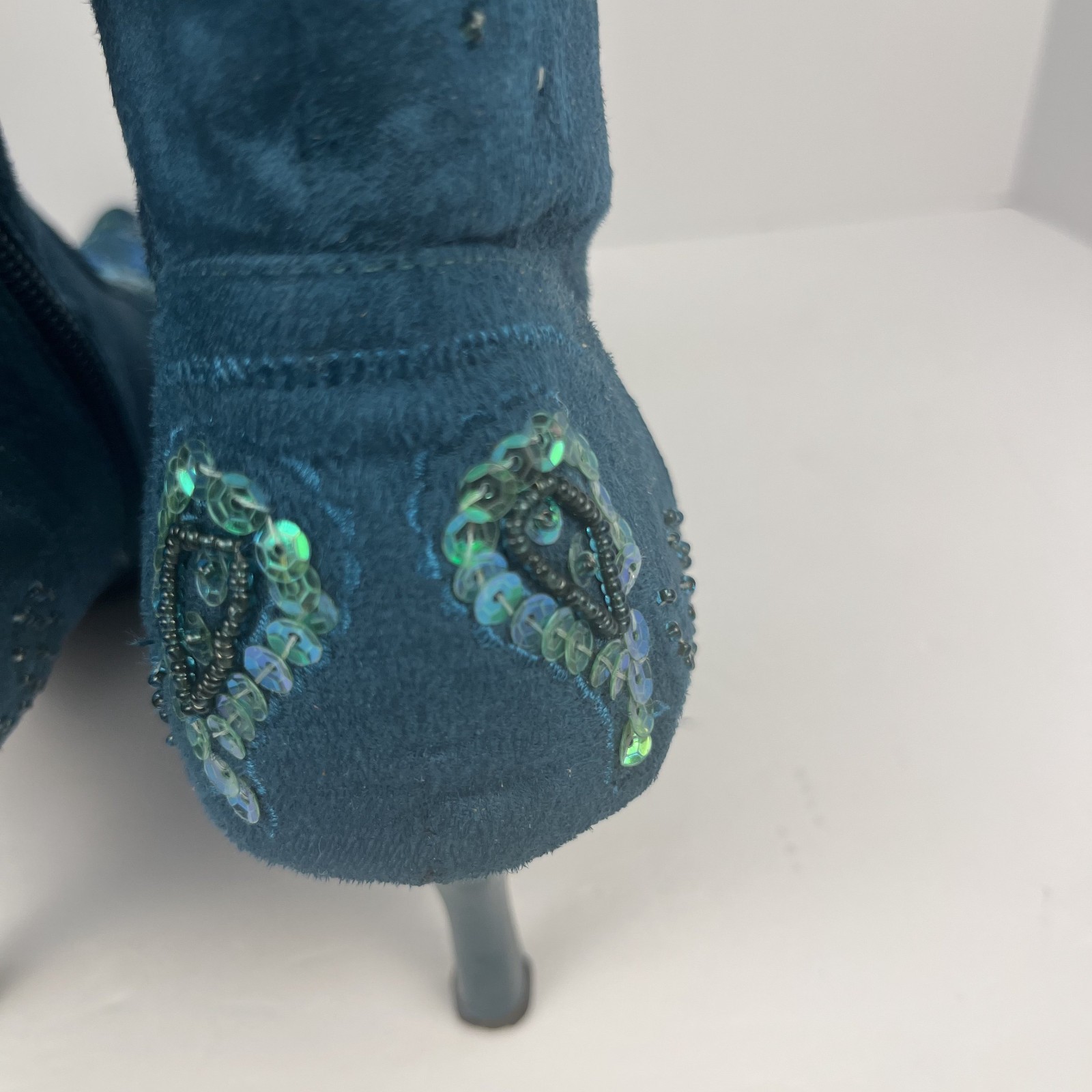 Turquoise Sequined Suede Pointed Toe Boots Size 10