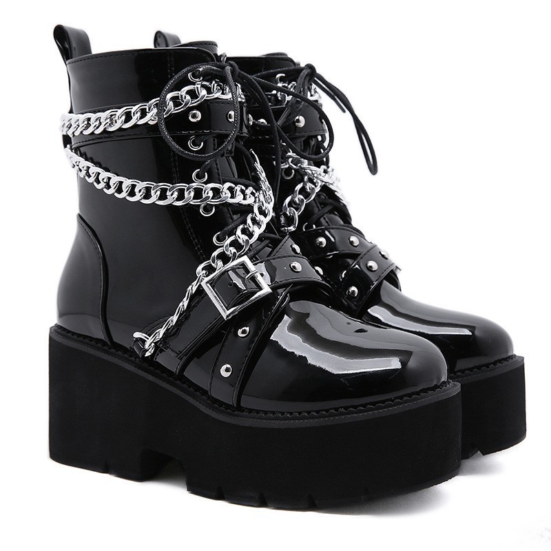 Motorcycle Ankle Boots Women’s Patent Leather Buckle Chain Platform Creeper Boot