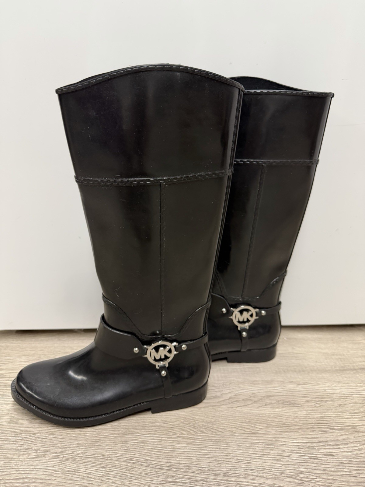 Michael Kors Rain Boots Women 8M Black Fulton Harness Riding Tall Rubber