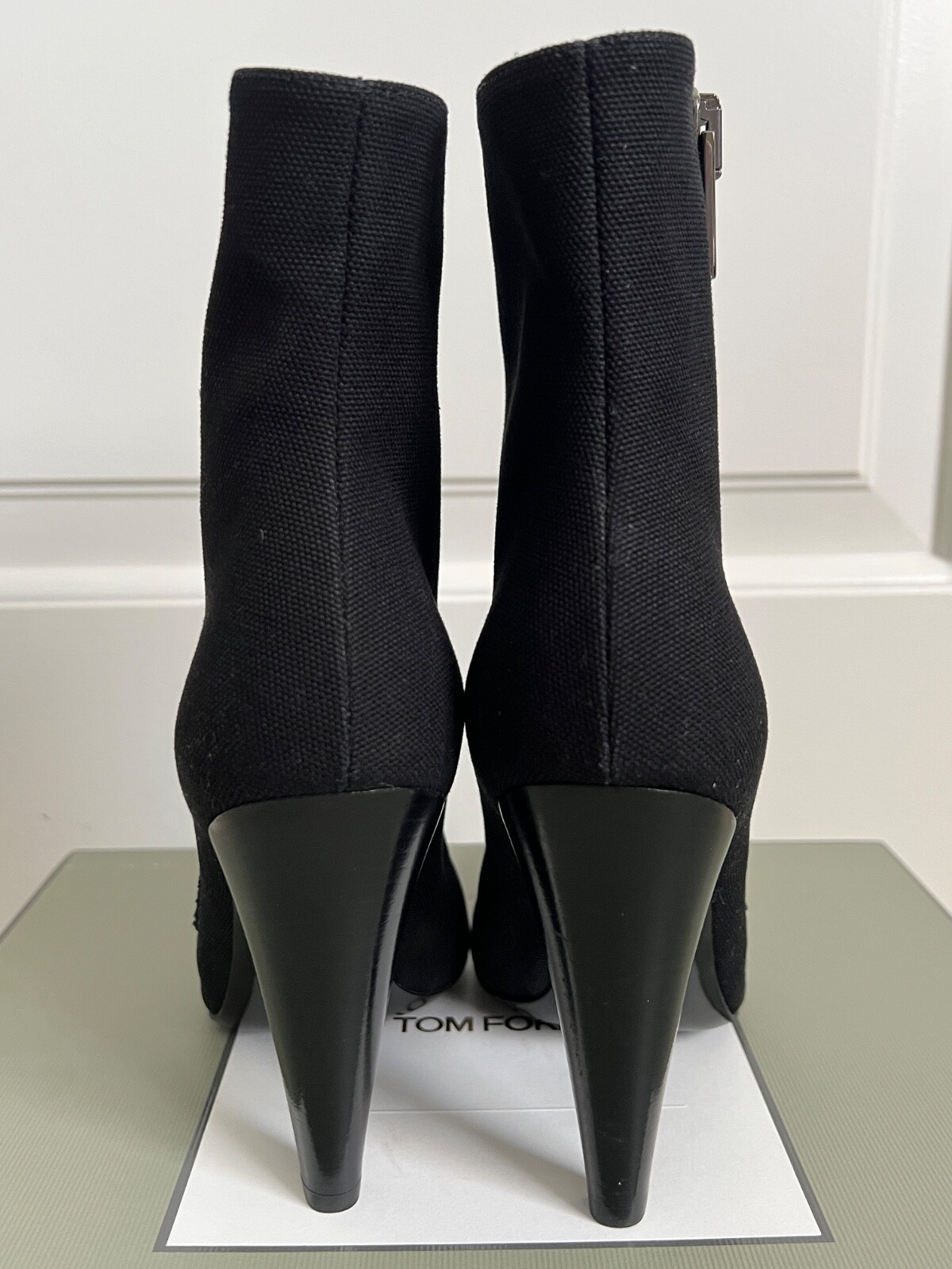 NIB Tom Ford Black Canvas TF Logo Zip Pointed Toe Ankle Boots Sz 37.5 7.5 $1890