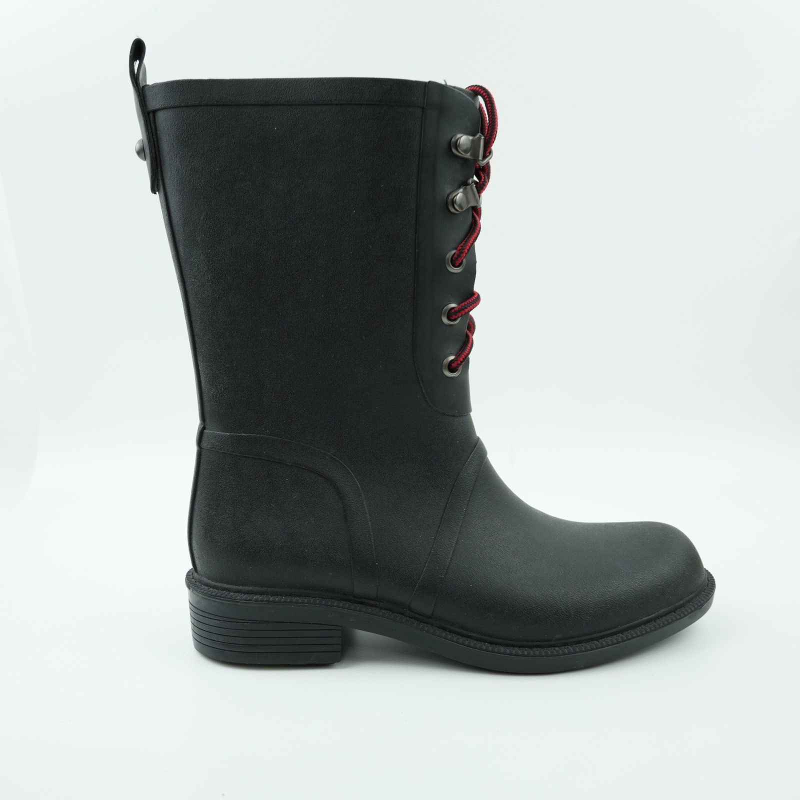 Merona Rain Boots Womens 6 Black Rubber Waterproof Lace Up Red Laces Utility